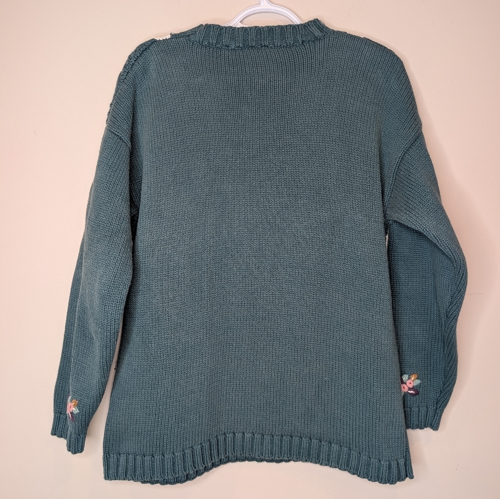 Vintage Lady Footlocker Floral Knit Sweater 100% Cotton Teal Women’s Large - Picture 3 of 9